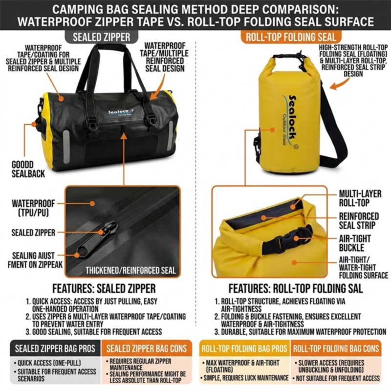 Waterproof zipper gasket and roll-top fold sealing surfaces on camping bags